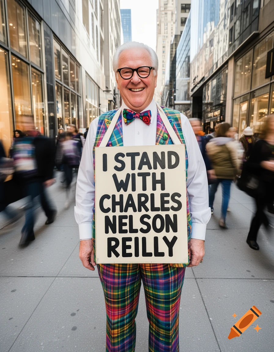 A smiling older man in a colorful plaid suit and bow tie holds a sign "I STAND WITH CHARLES NELSON REILLY" on a busy city street.