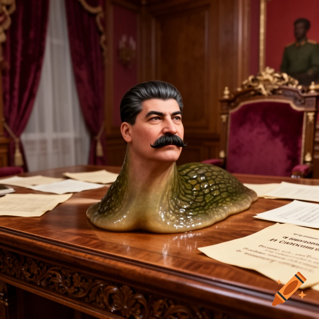 Photorealistic image of Joseph Stalin's head attached to a slimy green slug body, sitting on a wooden desk in a grand red room.