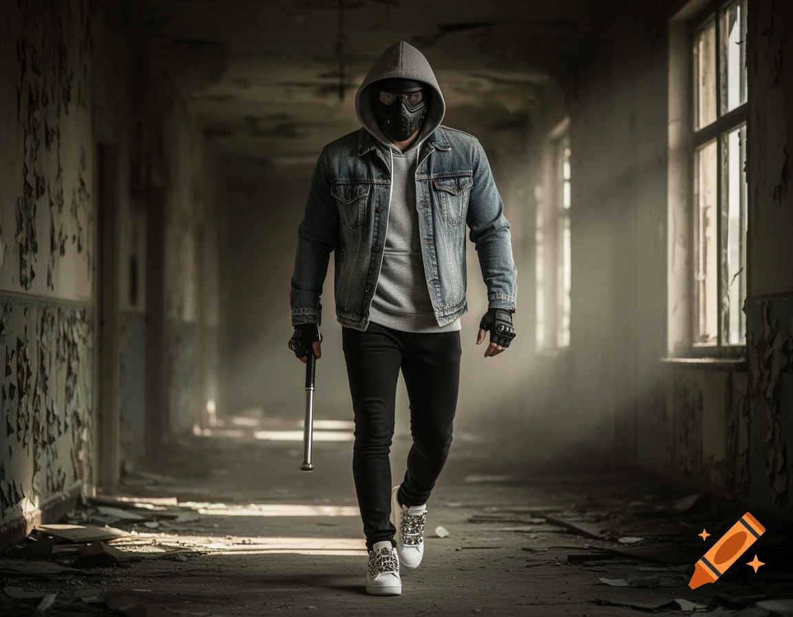 Photorealistic image of a masked man in a grey hoodie and jean jacket, holding a baton, walking through a desolate, abandoned building.