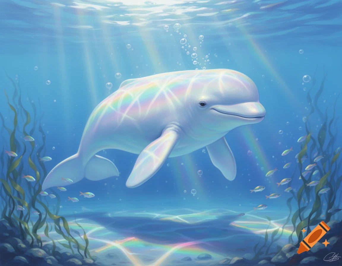 An illustration of a beluga whale swimming underwater with rainbow light reflecting off its body, surrounded by kelp, small fish, and sun rays.
