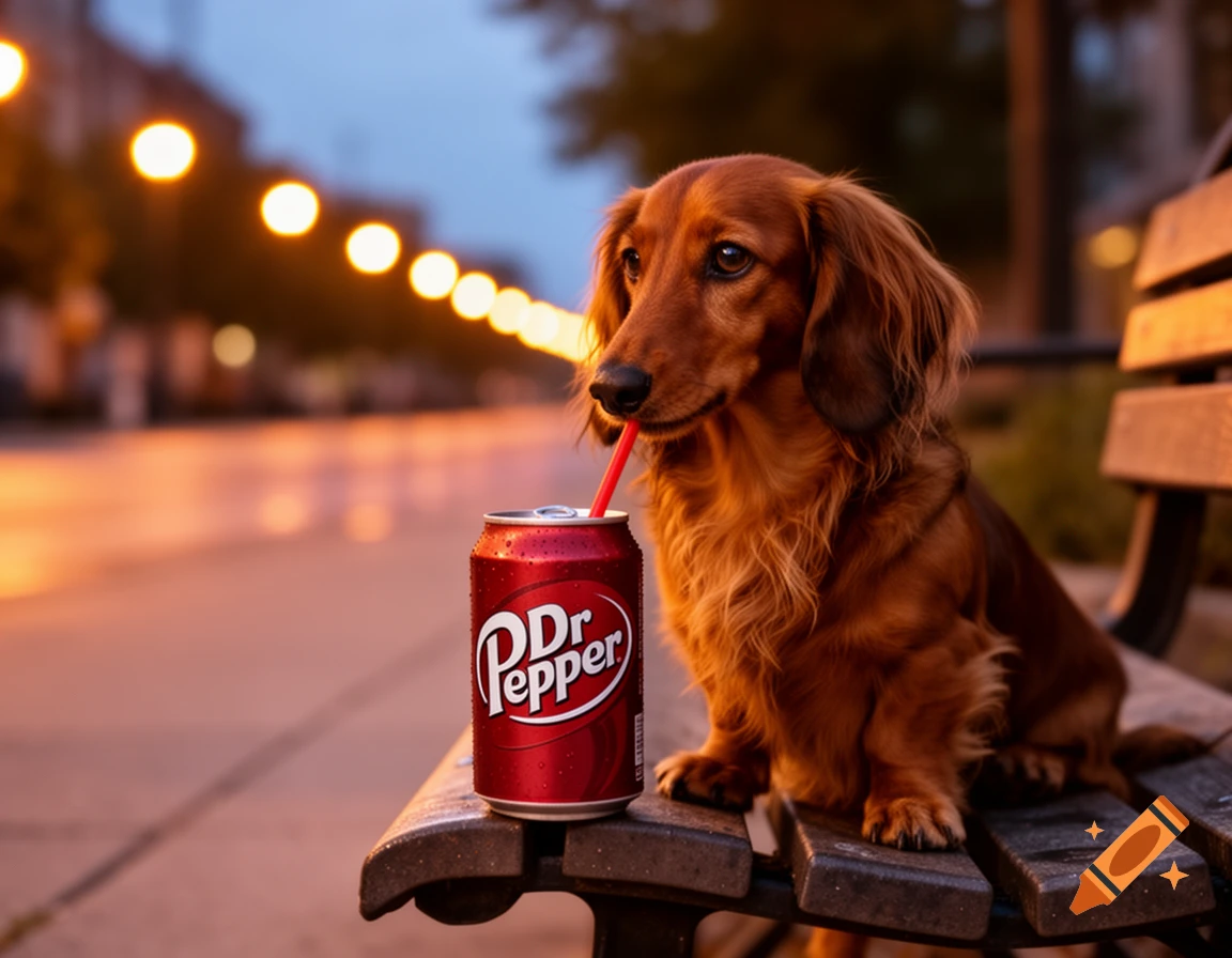A long-haired dachshund dog sits on a park bench, drinking Dr. Pepper through a red straw at dusk with blurred streetlights in the background.