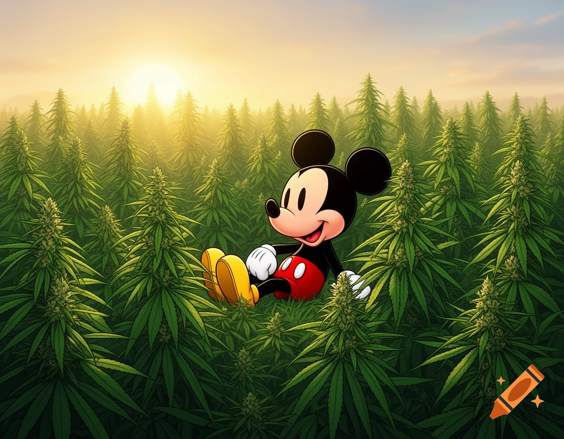 Mickey Mouse sits happily in a lush, green field of cannabis plants under a bright sunrise sky.