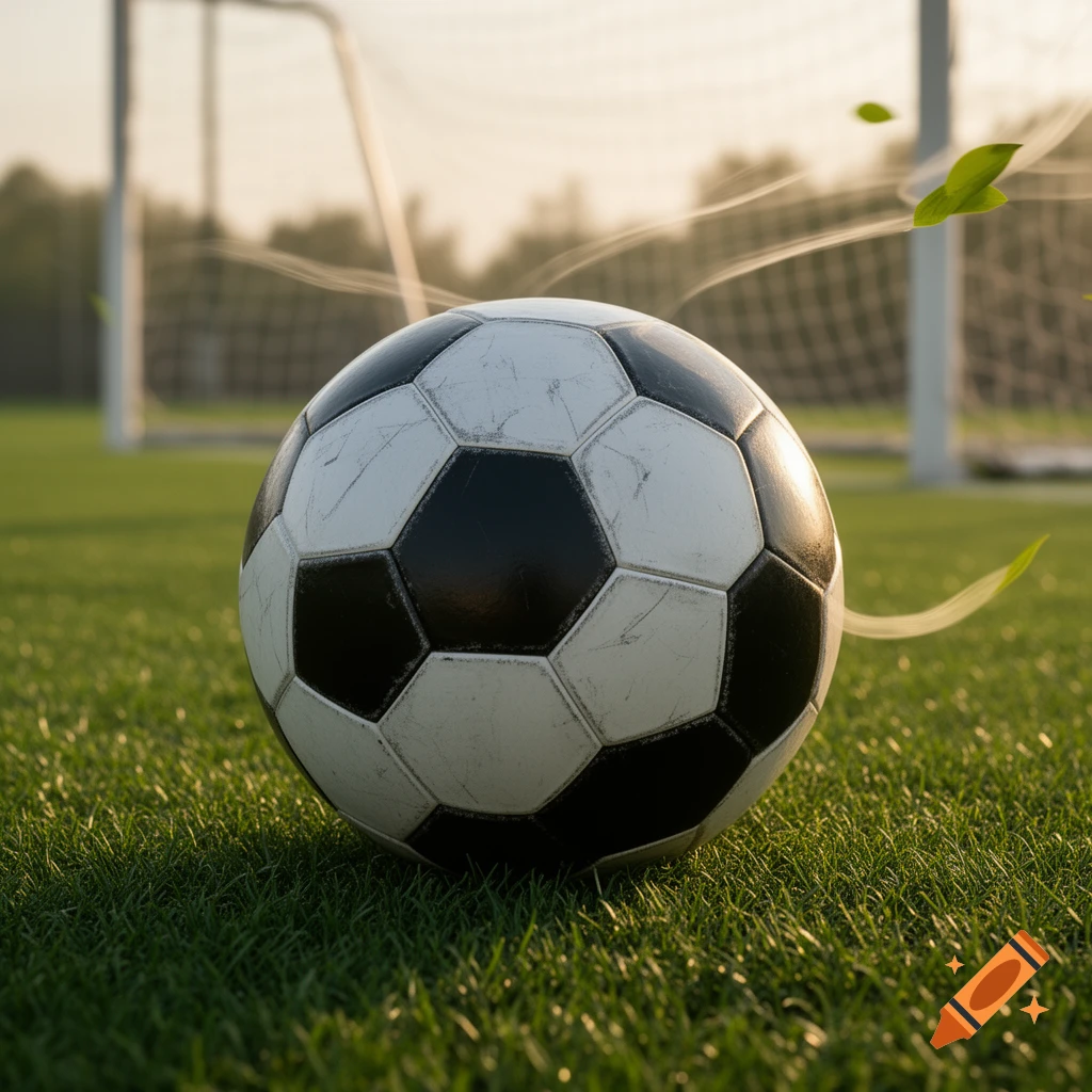 A close-up of a black and white soccer ball resting on green grass, with a blurred goal net in the background at sunset.