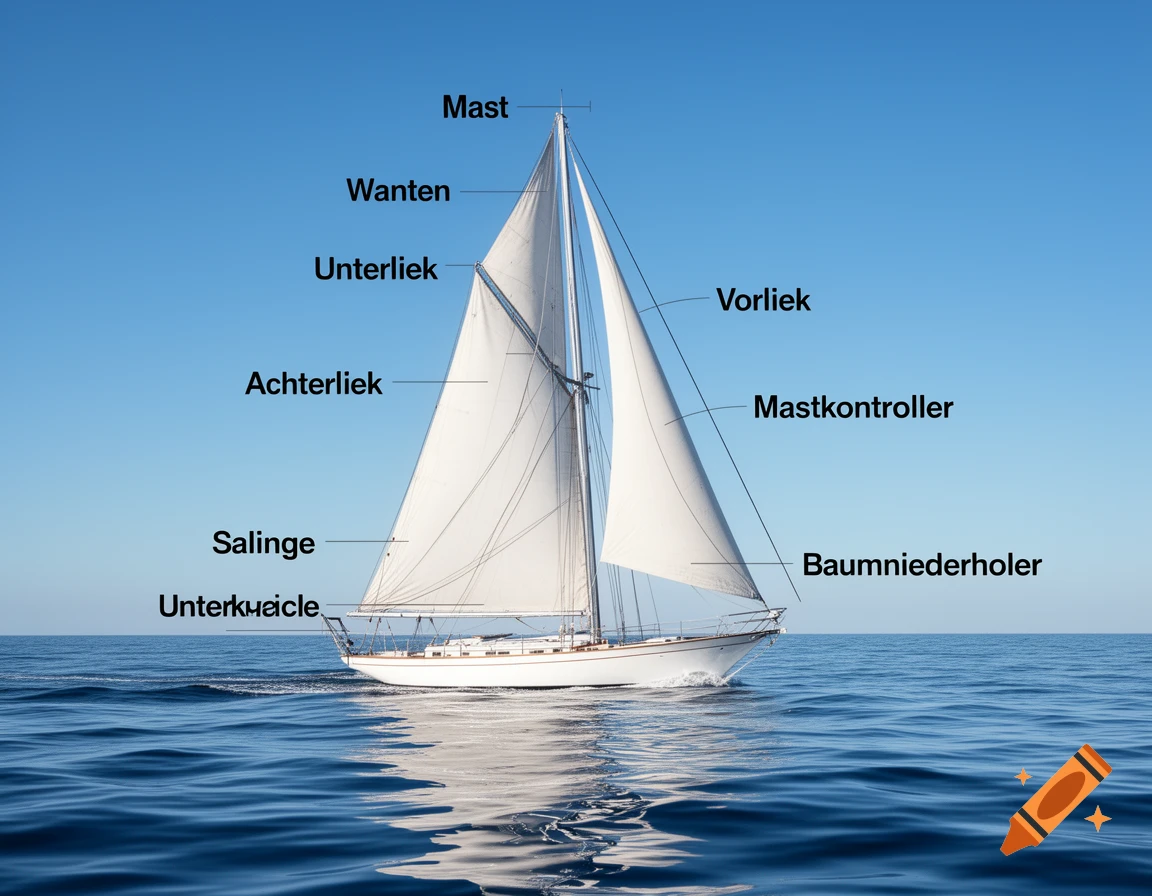 A white sailboat with its parts labeled in German, sailing on blue water under a clear sky.