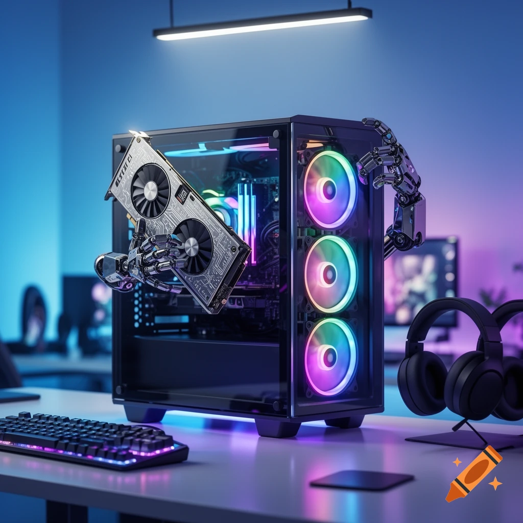 A robotic hand installs a graphics card into a gaming PC with RGB fans. A keyboard and headphones are on a desk in a blue-lit room.