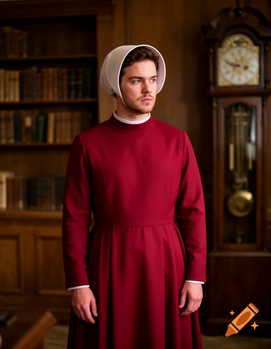 A man in a red handmaid dress with a white bonnet stands in a library, looking off to the side.