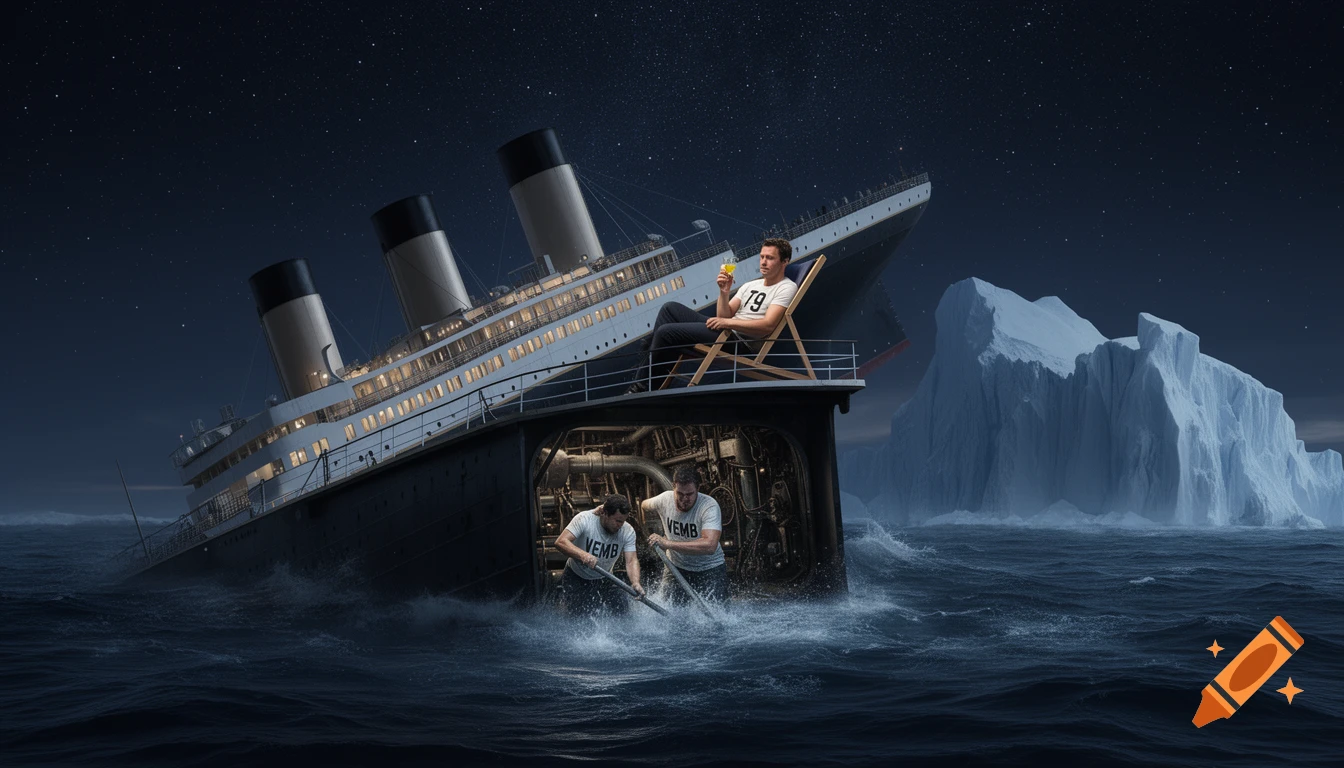A man sips a cocktail on the deck of the sinking Titanic at night, while two men bail water below deck, with an iceberg nearby.
