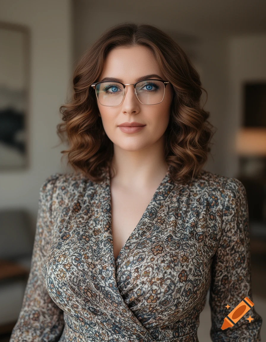 A photorealistic portrait of a woman with curly brown hair, blue eyes, and glasses, wearing a floral wrap dress.