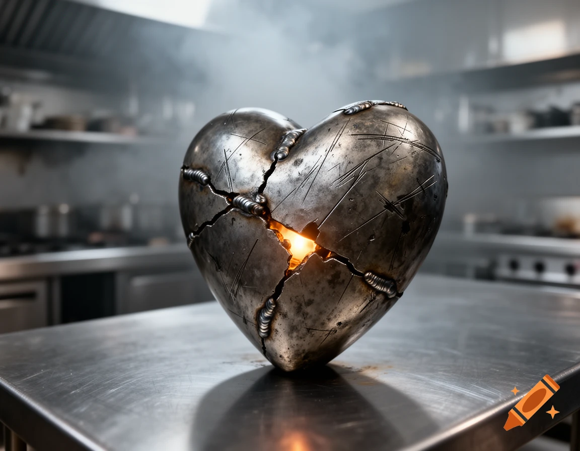 A close-up of a cracked, welded metal heart sculpture with a warm inner glow, on a reflective stainless steel counter in a steamy, blurry kitchen.