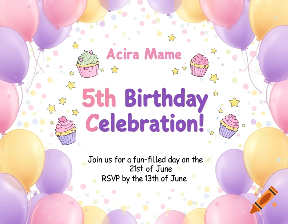 A colorful birthday invitation with pink, purple, and yellow balloons, cupcakes, and confetti, announcing a 5th Birthday Celebration for Acira Mame on June 21st.