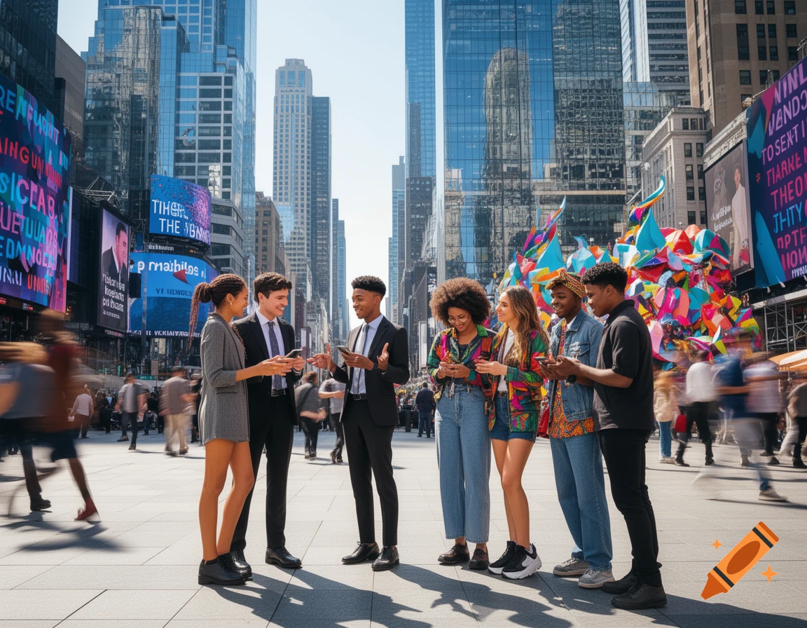 Diverse young people in business and casual attire look at phones in a sunny, bustling city square surrounded by skyscrapers and digital billboards.