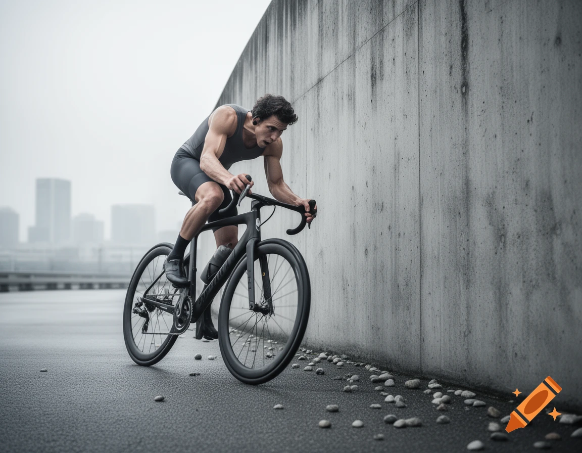 A male cyclist in a grey athletic suit rides a black road bike on wet asphalt next to a concrete wall in an urban setting.