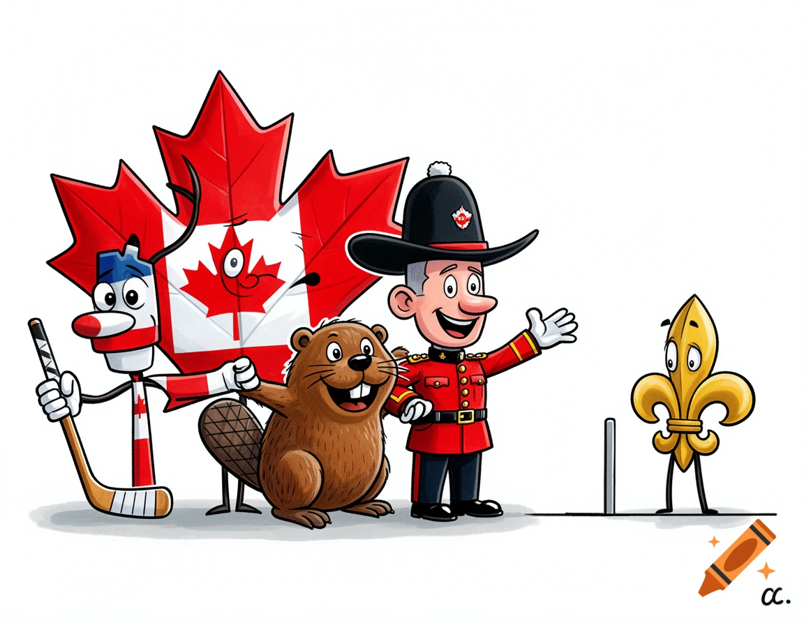 Political cartoon of happy Canadian symbols (maple leaf, hockey stick, beaver, RCMP mountie) with a sad fleur-de-lis behind a barrier.