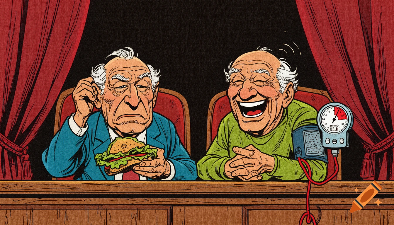 Comic book style illustration of two elderly men at a balcony railing; one looks grumpy holding a sandwich, the other laughs loudly with a blood pressure cuff on his arm showing a high reading.