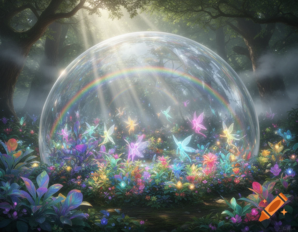 A luminous crystal ball dome in a dense forest, filled with colorful, glowing fairies and vibrant plants under a rainbow and sunlight.