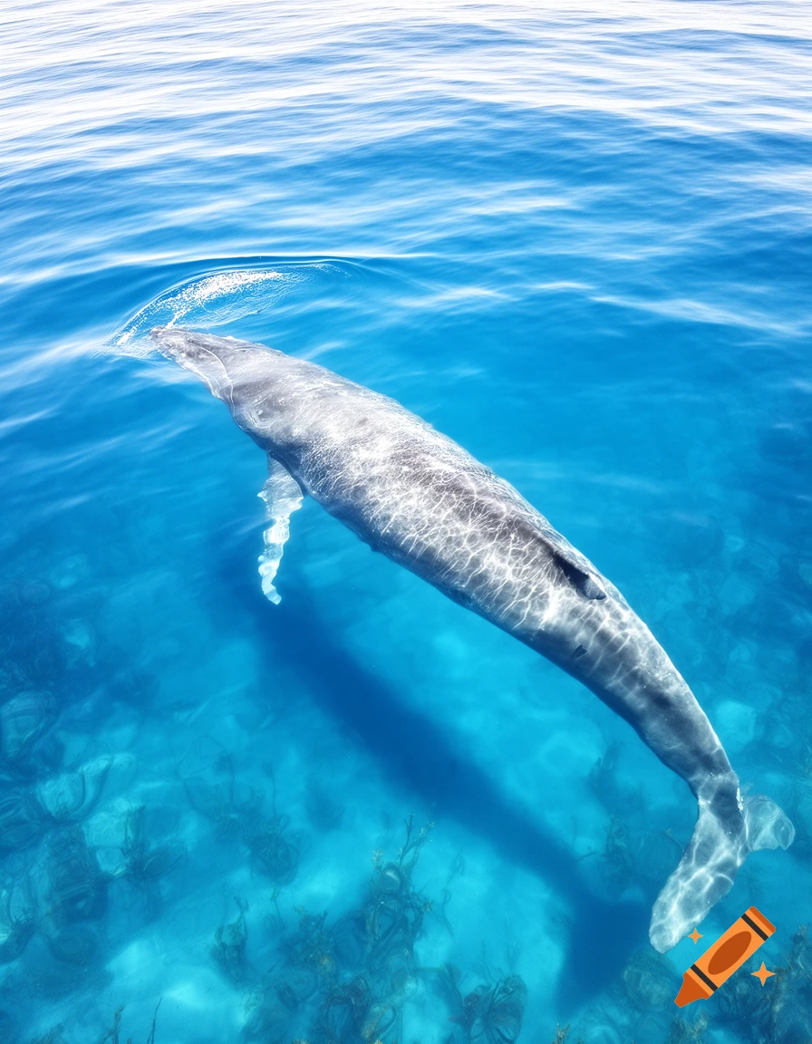 A humpback whale swims just below the surface of clear blue ocean water, sunlight dappling its back.