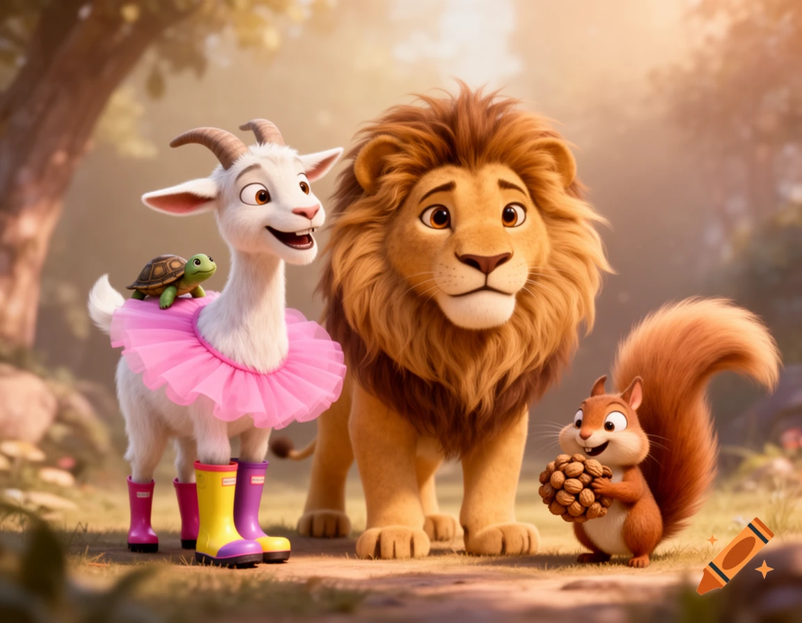 A whimsical animated scene of a goat in a pink tutu and rain boots with a turtle, a lion, and a squirrel with nuts in a forest.