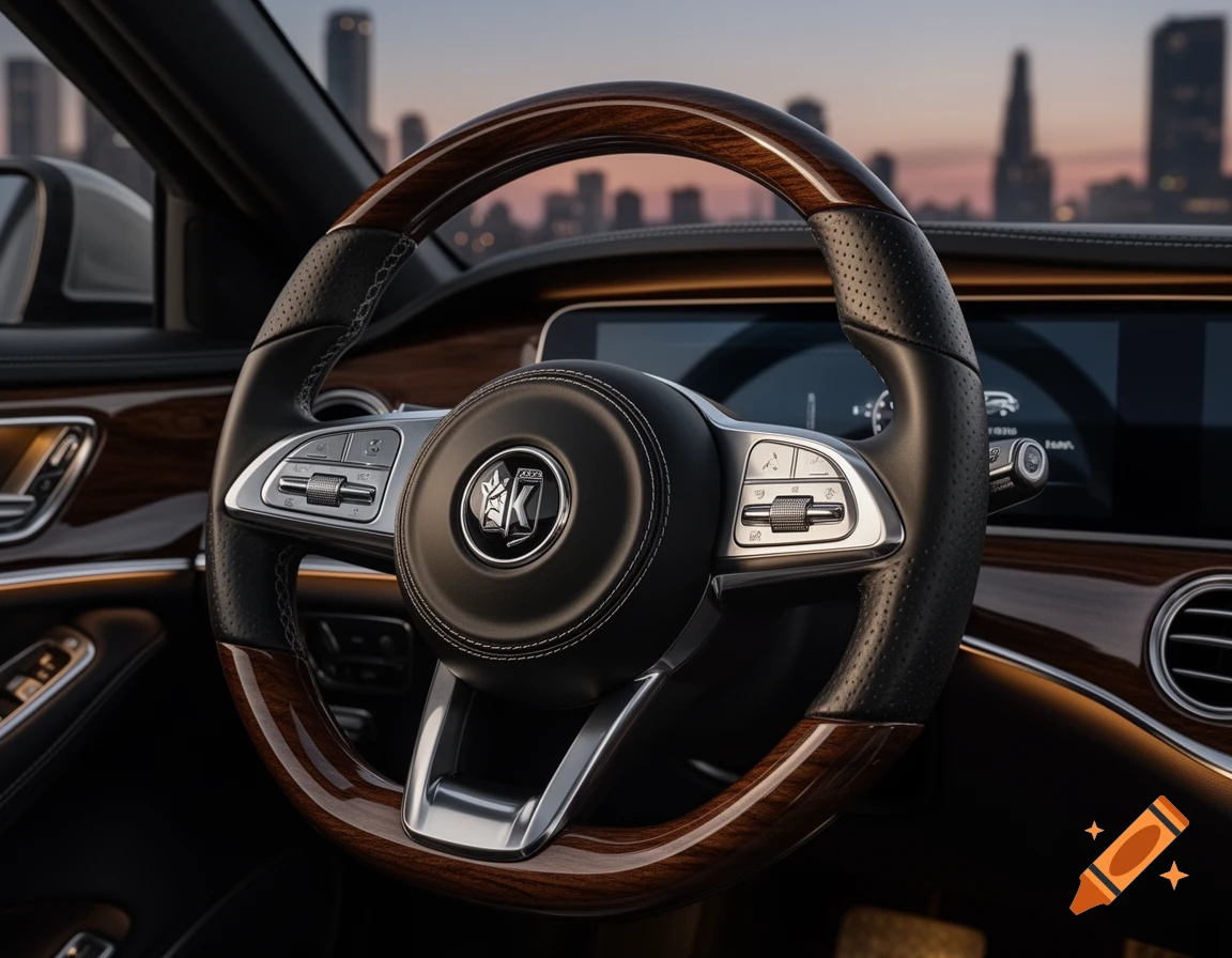 Close-up of a luxurious car interior with a wood and leather steering wheel, set against a city skyline at dusk.