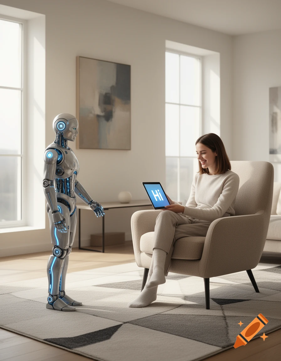 A humanoid robot stands facing a woman seated in an armchair, holding a tablet displaying 'Hi' in a bright, modern room.
