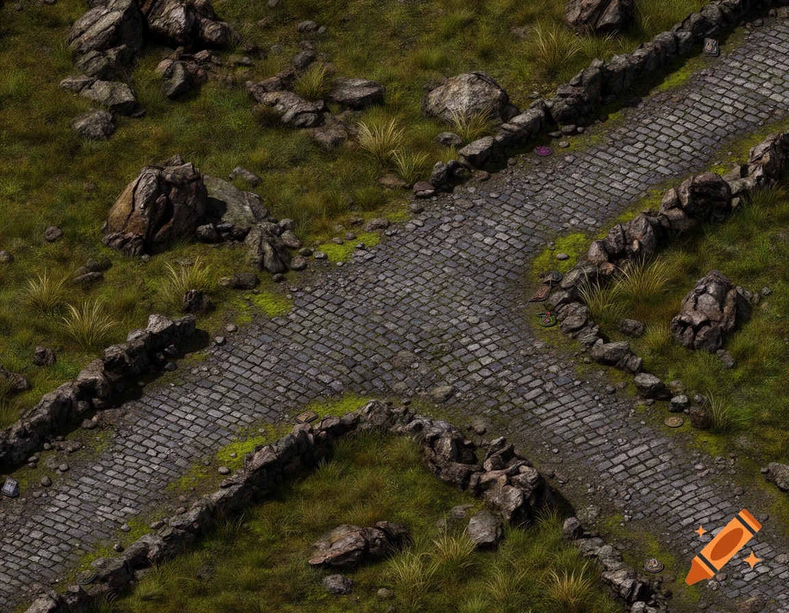 Top-down fantasy battle map of an overgrown cobblestone crossroad through rocky grassland.