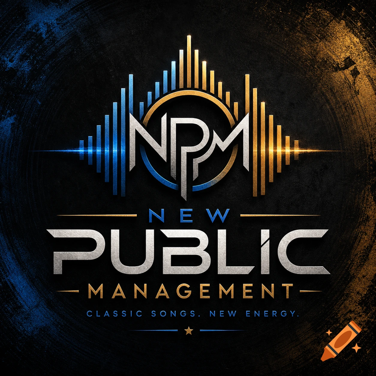 Metallic logo for New Public Management band featuring 'NPM' within a ring with blue and gold sound waves, text 'CLASSIC SONGS. NEW ENERGY.', all on a dark textured background.