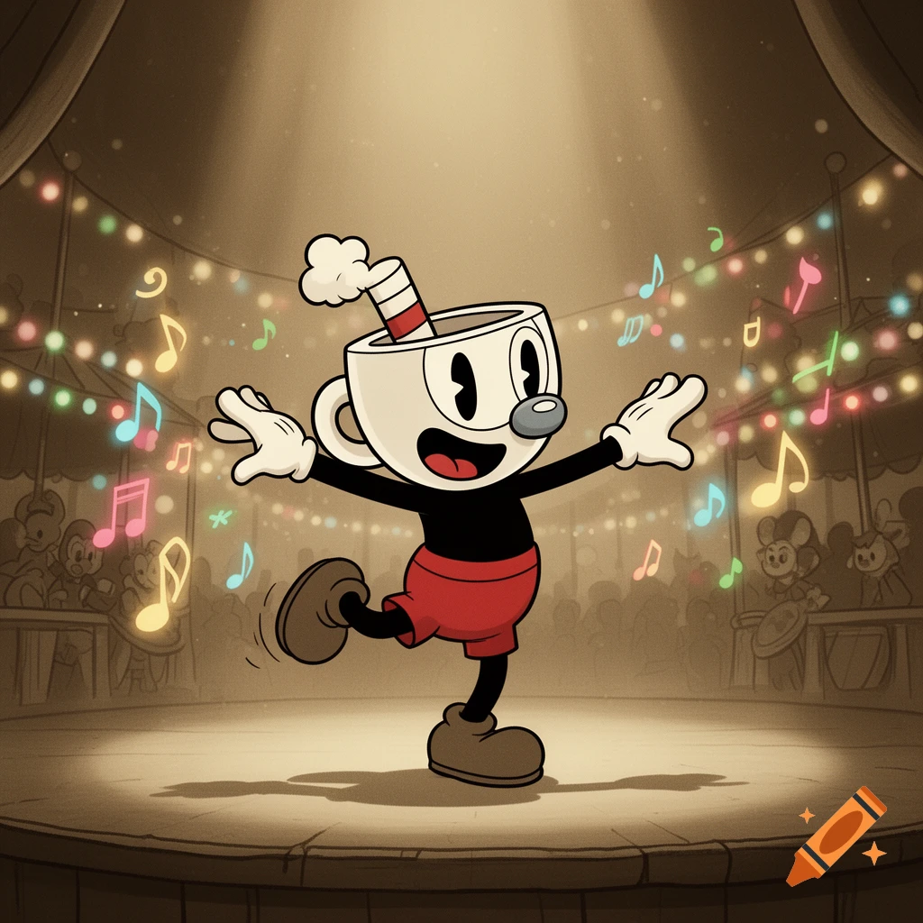 Cuphead dances under a spotlight on a stage, surrounded by colorful musical notes, in a vintage cartoon style.