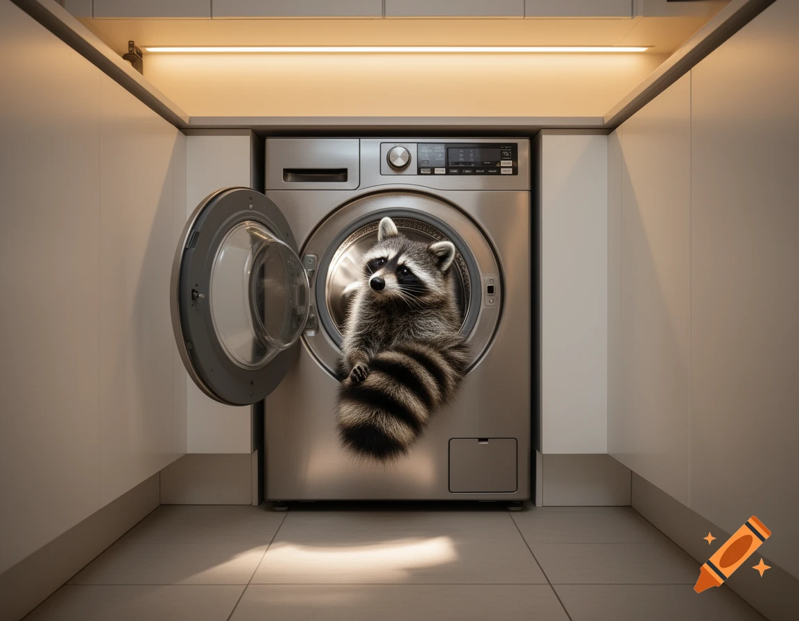 A fluffy raccoon with a striped tail peeks out from an open front-loading washing machine in a modern laundry room.