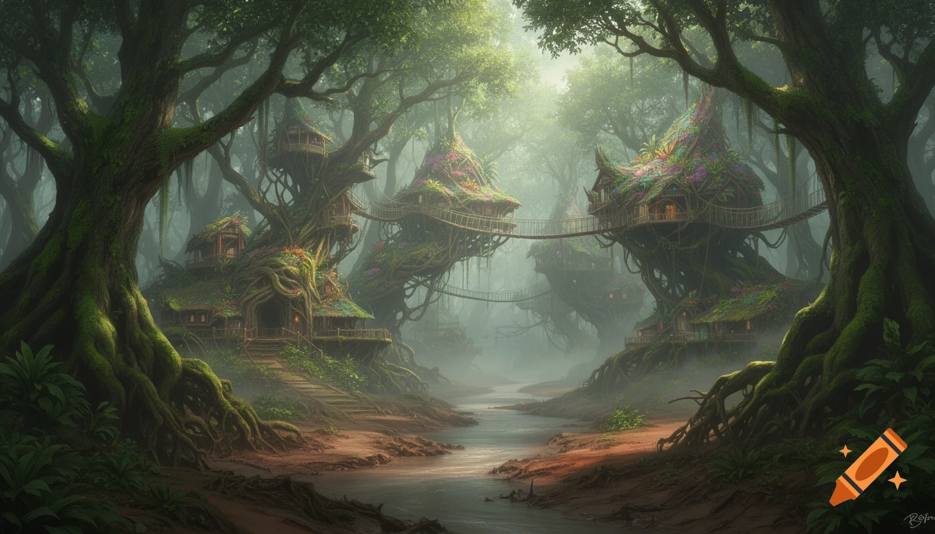 A mystical, lush green forest with large, moss-covered trees supporting elaborate treehouses connected by rope bridges over a river.