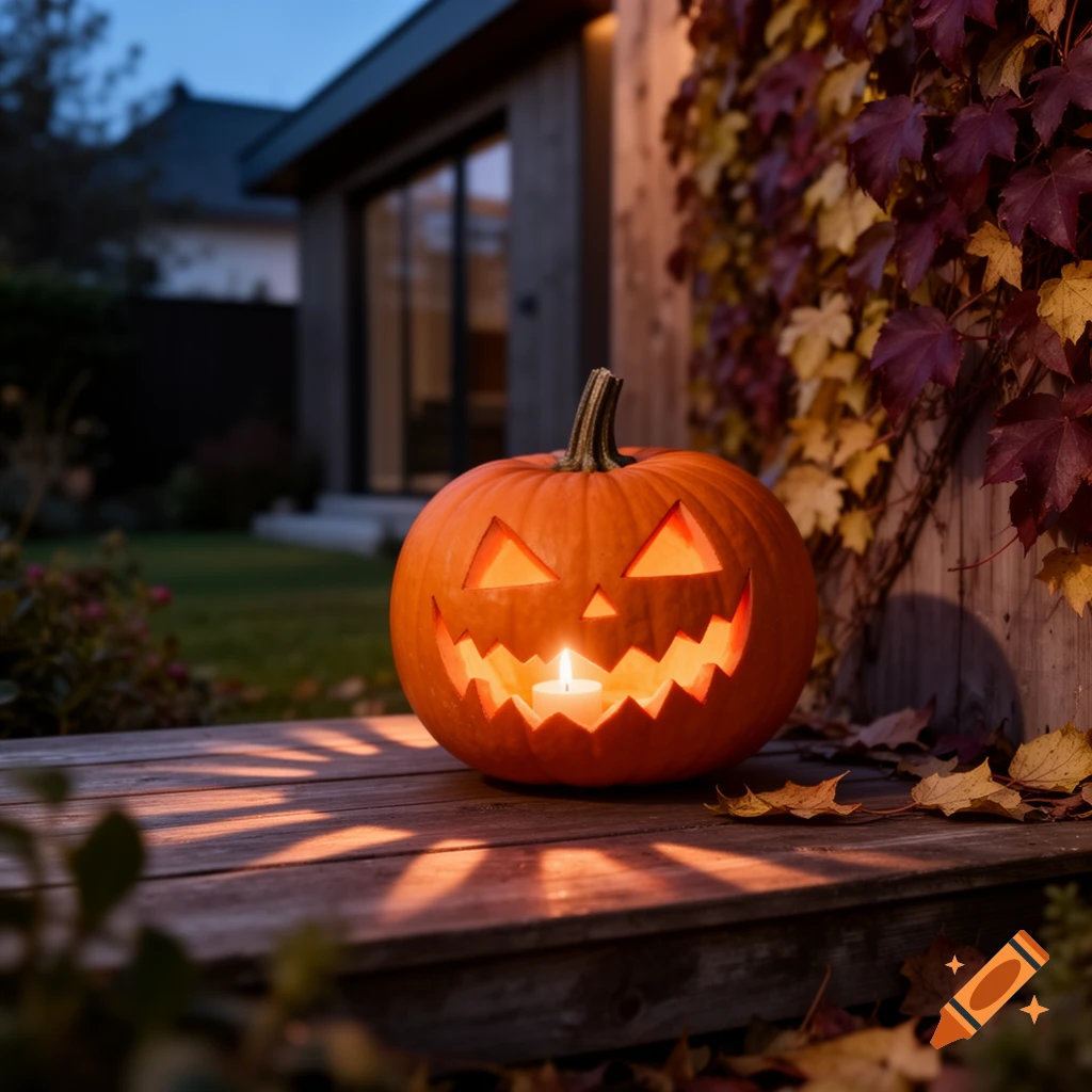 A lit jack-o'-lantern on a wooden porch step, surrounded by autumn leaves, with a house in the background at dusk.