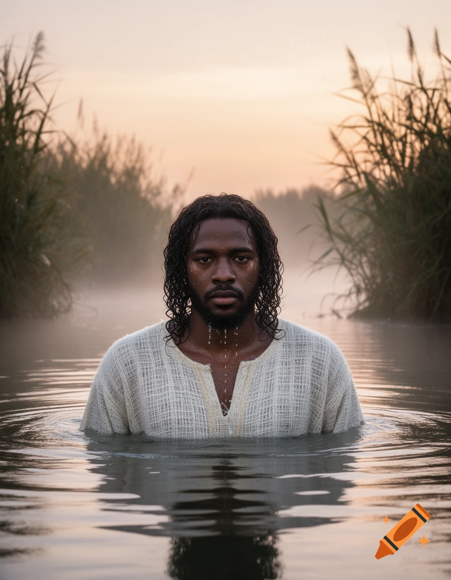 Photorealistic portrait of a man with long dark hair and beard, partially submerged in misty water with reeds at dawn.