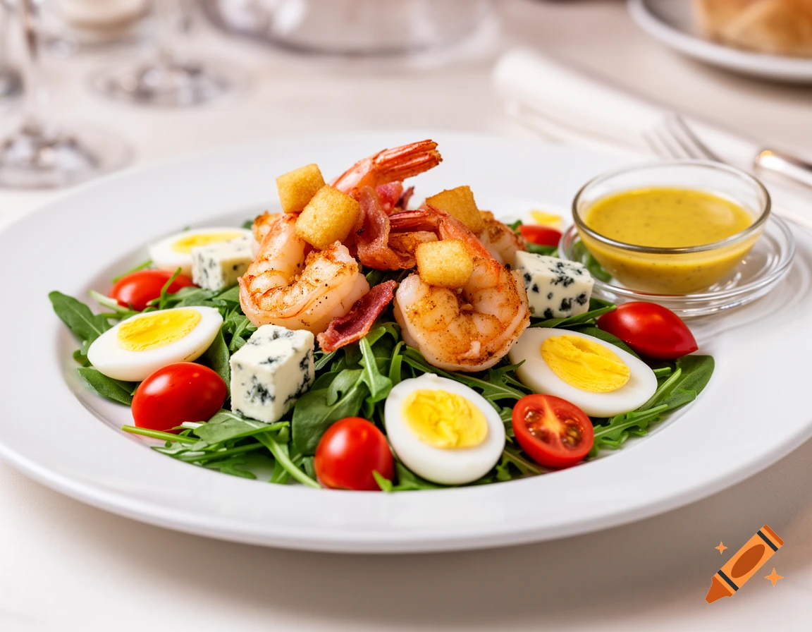 A photorealistic salad featuring green mix, cherry tomatoes, hard-boiled eggs, pan-fried shrimp, bacon, blue cheese, and Dijon vinaigrette.