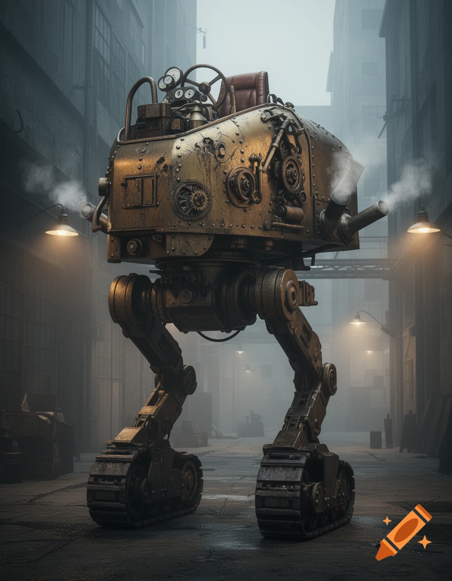 A rusty, two-legged dieselpunk armored walker emits steam in a foggy industrial alley.