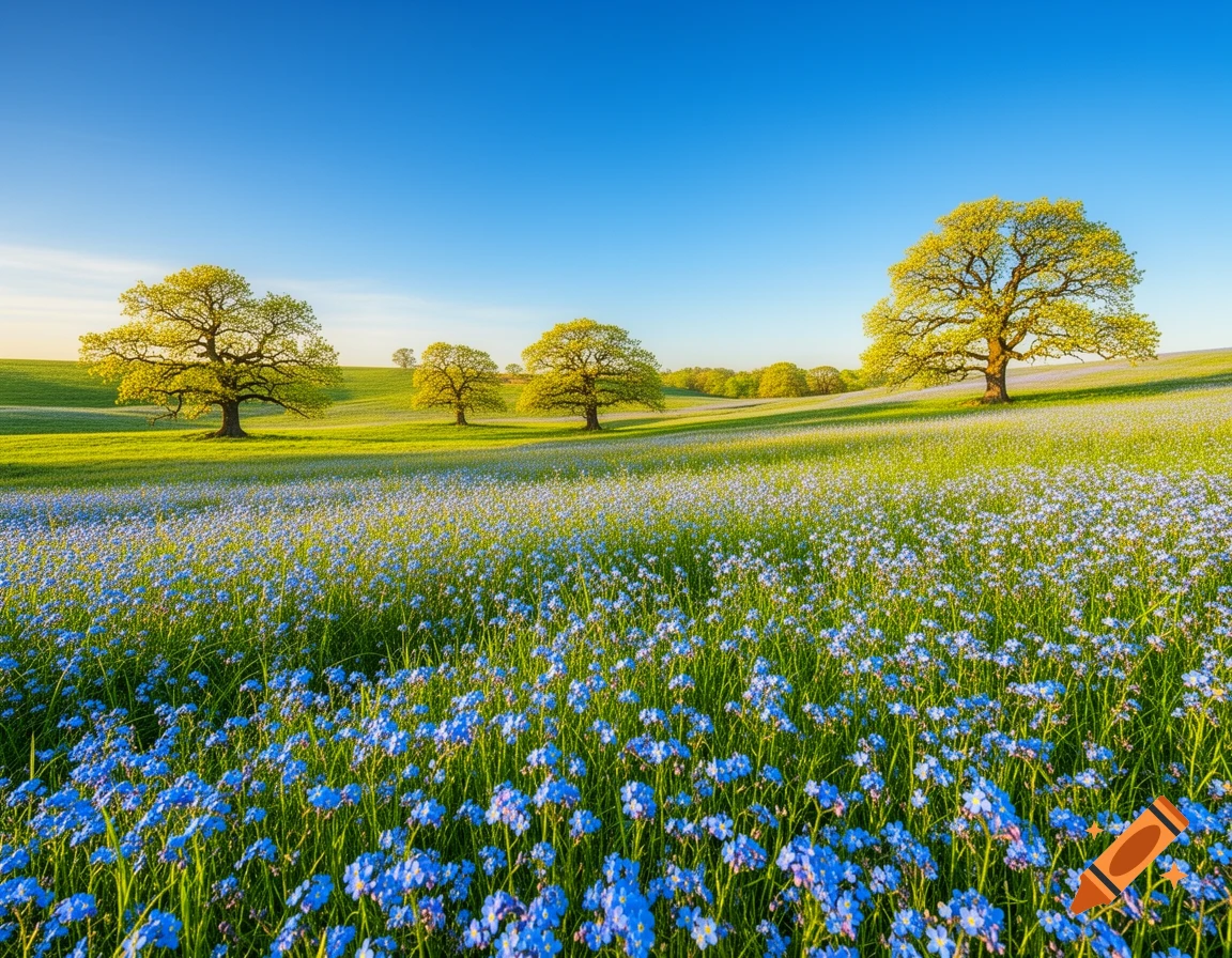 A vibrant spring meadow filled with blue forget-me-not flowers and green grass under a clear blue morning sky, with trees in the background.