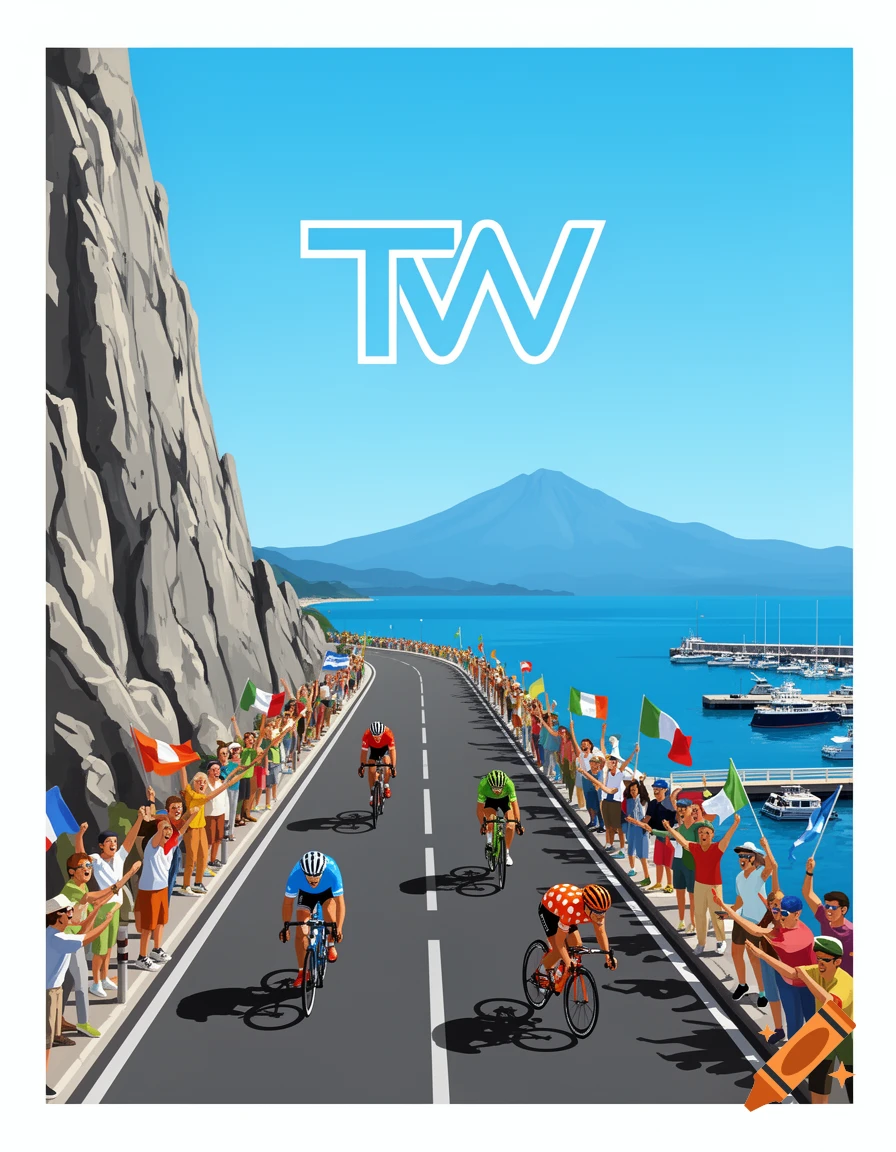 An illustration of a cycling race with four cyclists on a winding road, flanked by enthusiastic spectators and flags. The sea with boats is on the right, a cliff on the left, and mountains in the background under a blue sky with a "TW" logo.