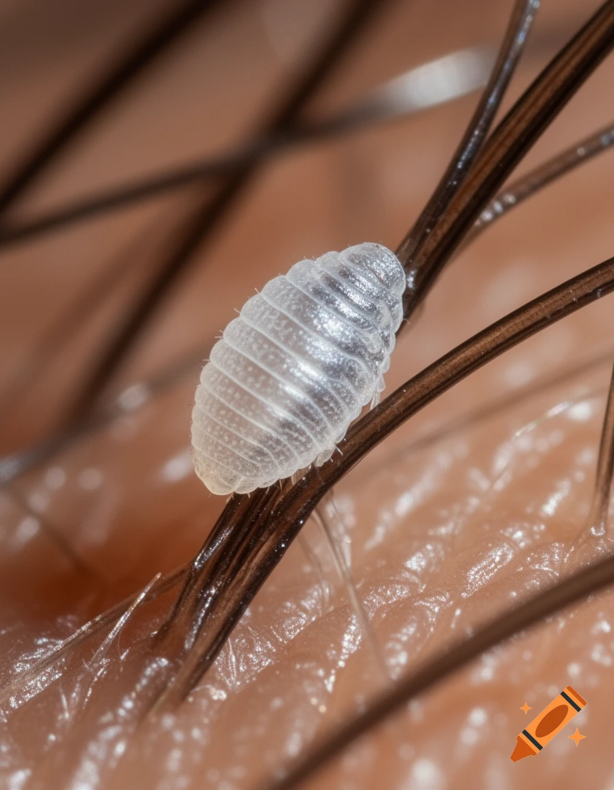 A close-up, highly detailed macro photograph of a translucent white nit (louse egg) attached to a dark human hair follicle on light brown skin.