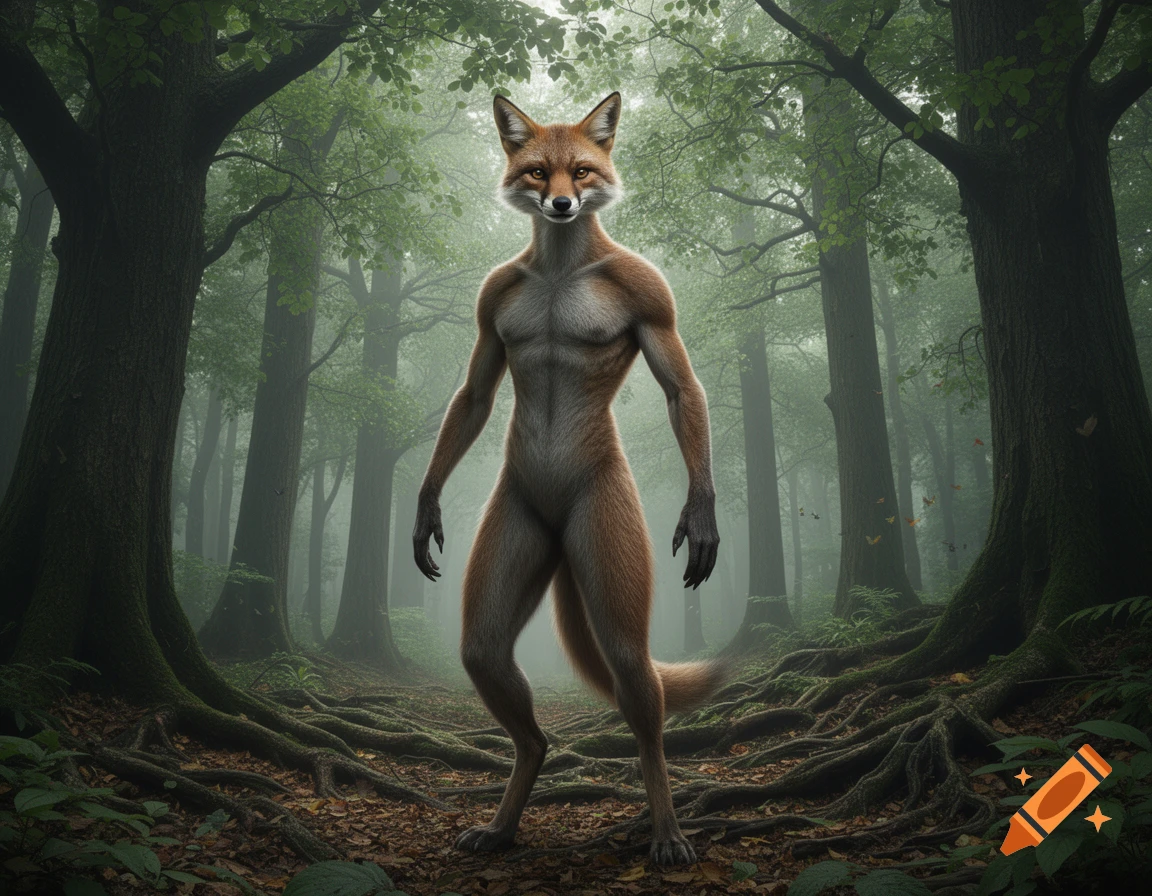 A muscular, photorealistic anthropomorphic fox stands on a path amidst ancient trees and exposed roots in a foggy forest.
