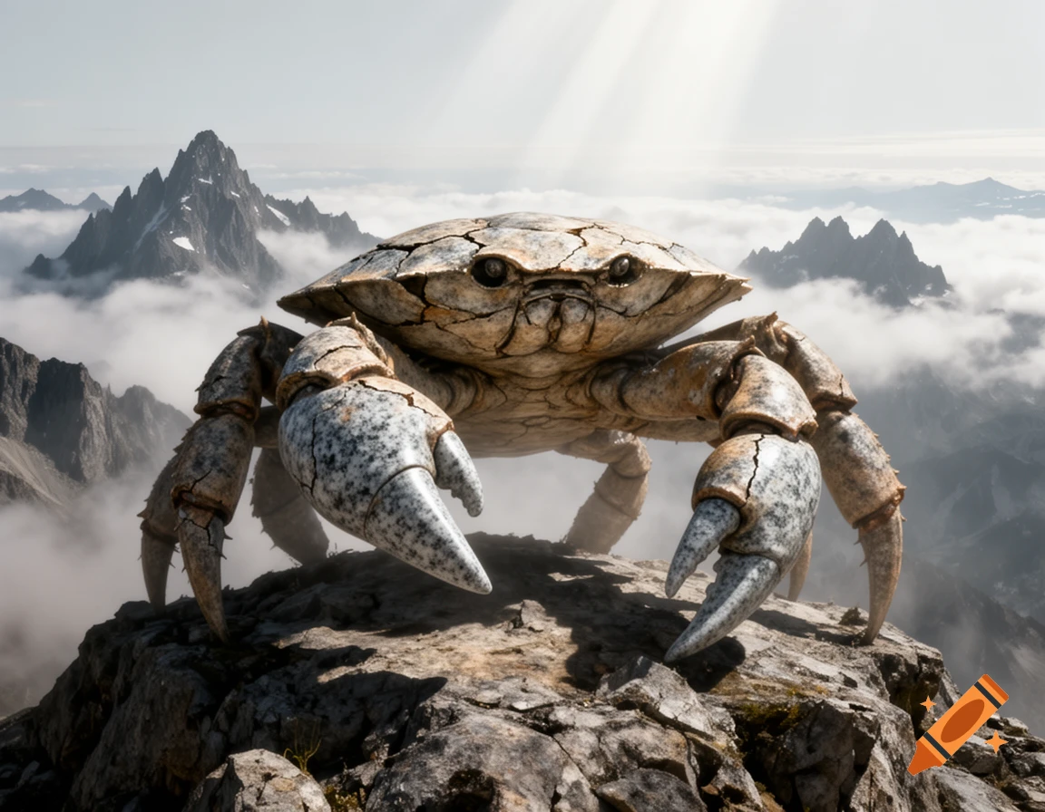 A gigantic, ancient-looking crab-like creature with a cracked shell stands on a rocky mountain peak, overlooking a vast cloudy landscape with other peaks.