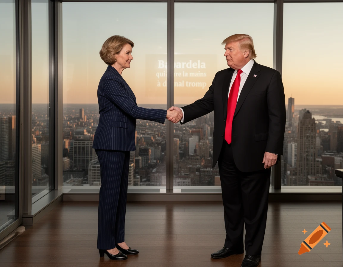 Photorealistic image of Donald Trump and a woman in a suit shaking hands in a modern office with a city skyline at sunset.