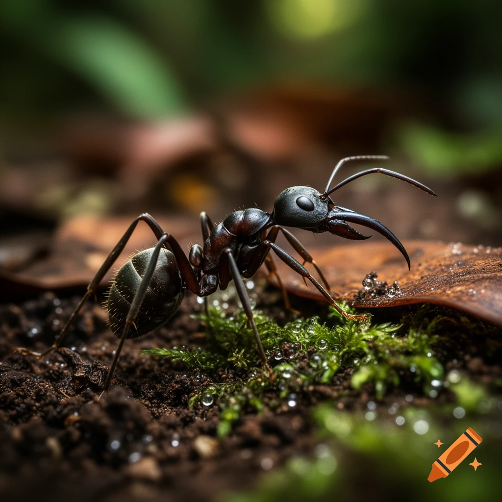 A close-up, photorealistic macro shot of a black trap-jaw ant with large mandibles on mossy soil with water droplets.