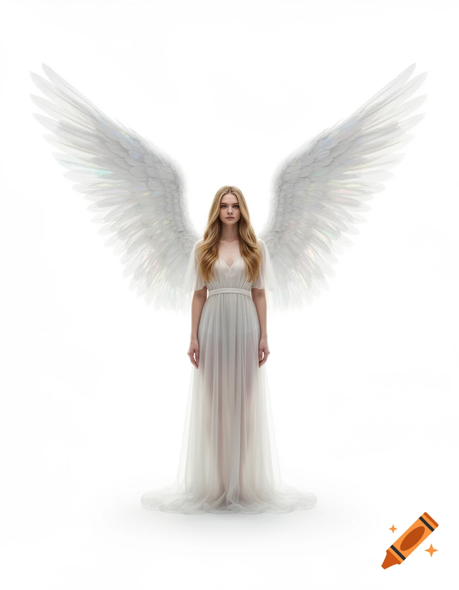 A young woman with long blonde hair, wearing a sheer white dress and large white feathery wings, stands elegantly against a white background.