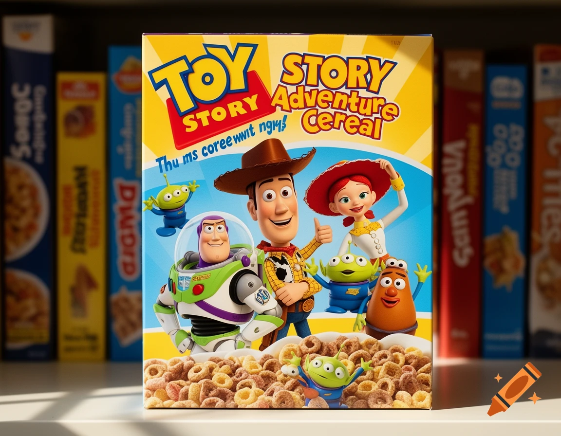 A box of Toy Story Adventure Cereal featuring Woody, Buzz Lightyear, Jessie, and aliens on the front, set on a shelf.