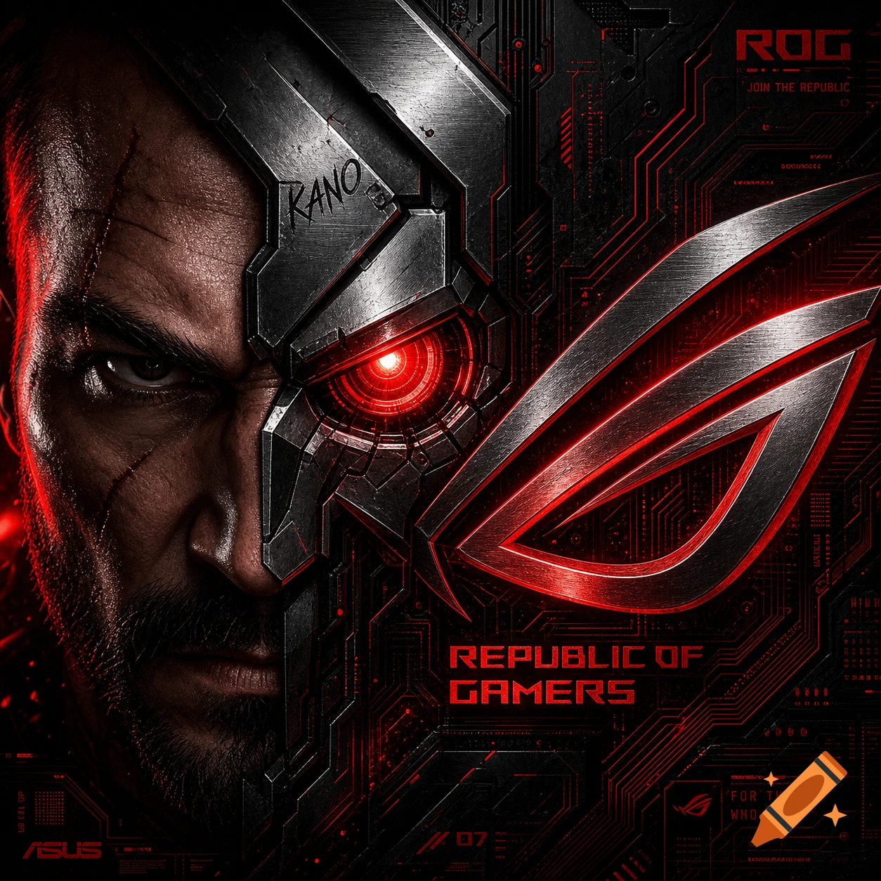 Close-up of a man's face merged with a metallic cyborg eye and a red glowing ASUS ROG logo, set against a dark, circuit board background.