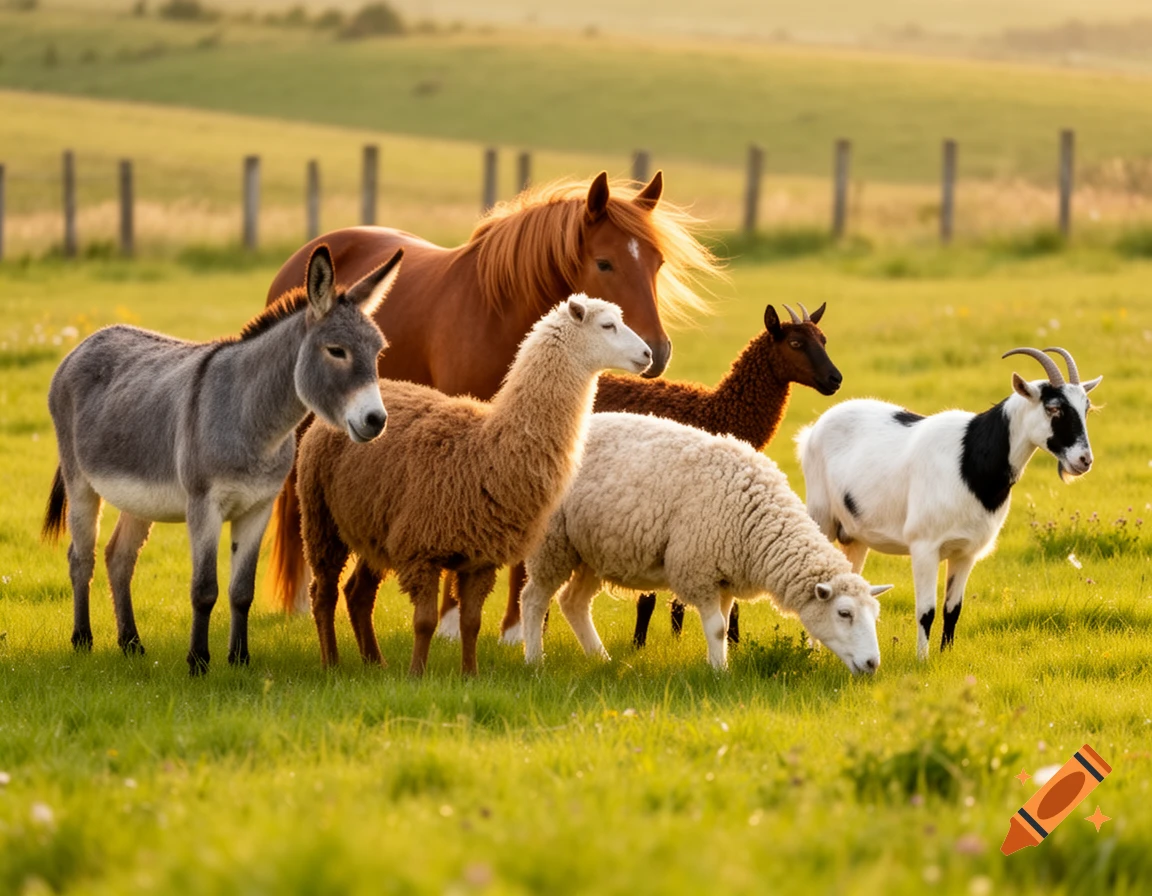 A donkey, llama, horse, sheep, and goat stand together in a sunny green field.
