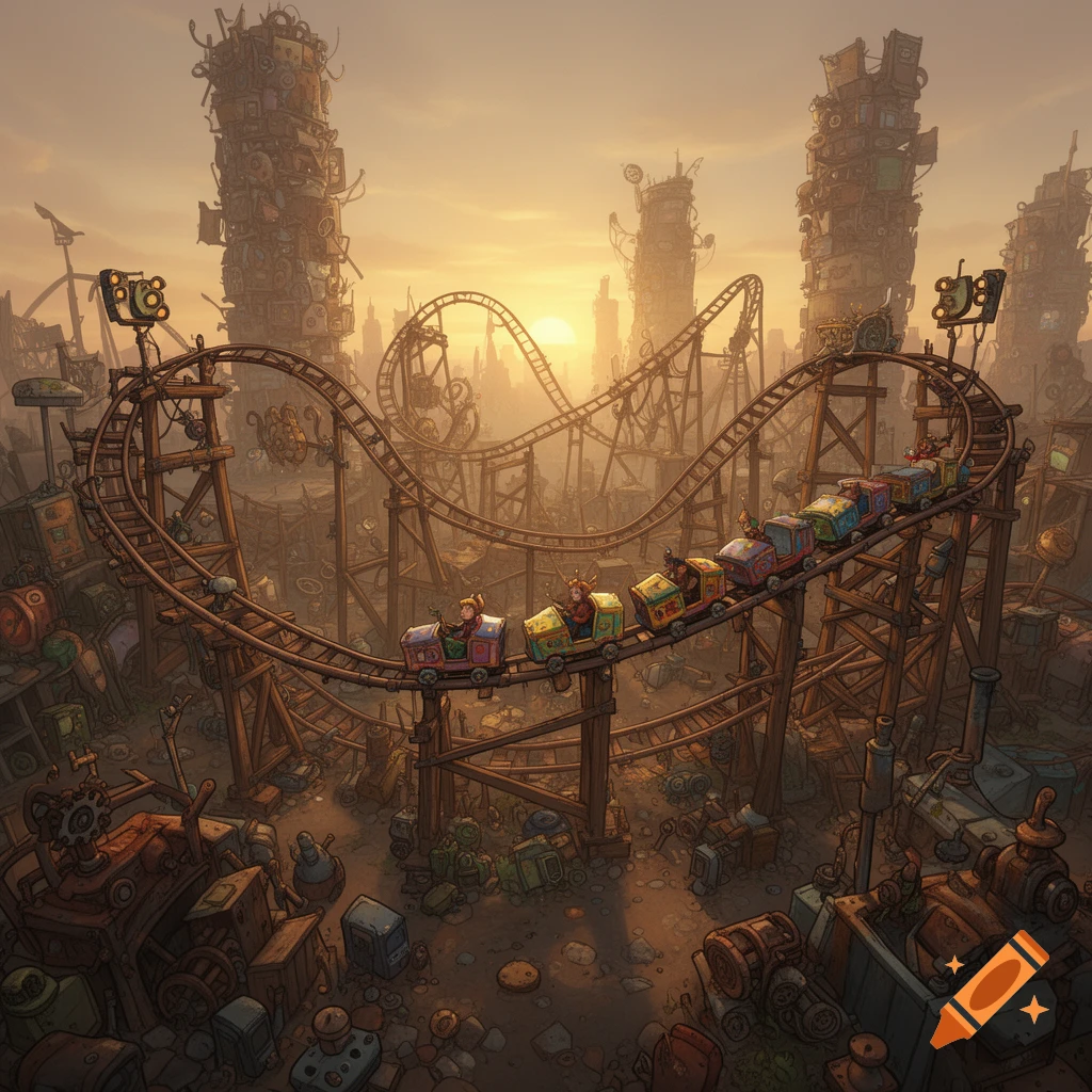 A detailed illustration of a rollercoaster winding through a junkyard city at sunset, with whimsical characters in colorful carts.