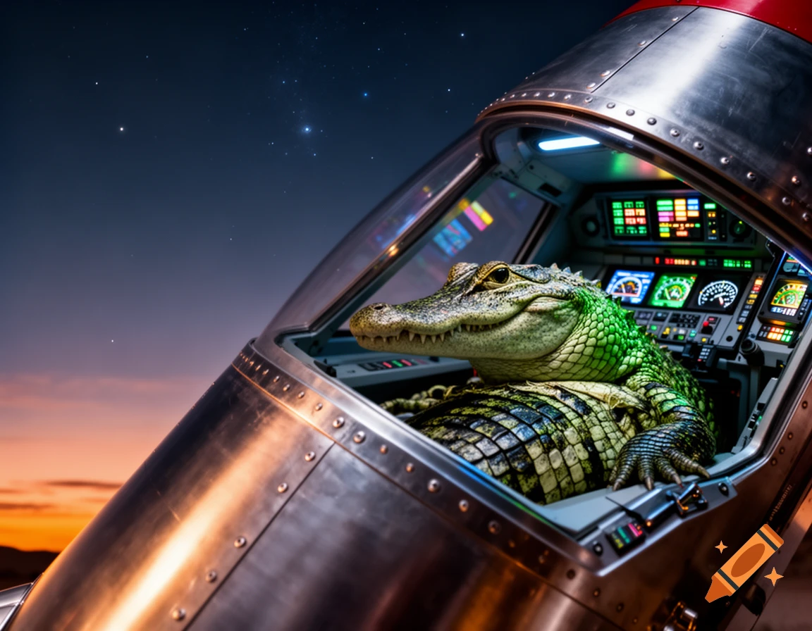 A detailed photorealistic image of a green alligator piloting a futuristic silver rocket ship against a starry sunset sky.