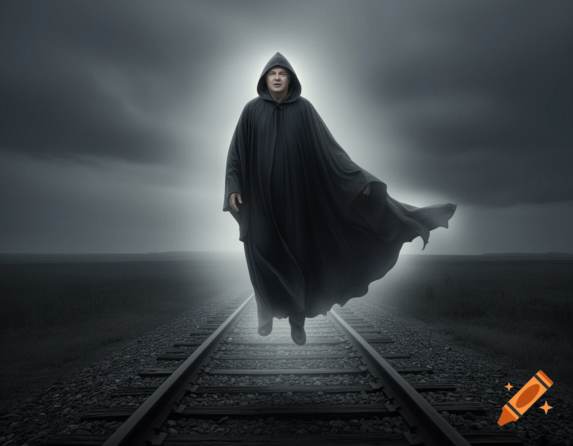 A man in a dark hooded cloak, like the Grim Reaper, floats above train tracks under a stormy, grey sky.