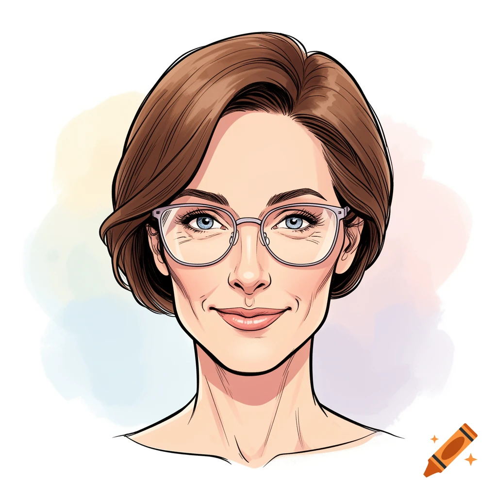 Comic style illustration of a smiling woman with short brown hair, blue eyes, and glasses, against a watercolor background.