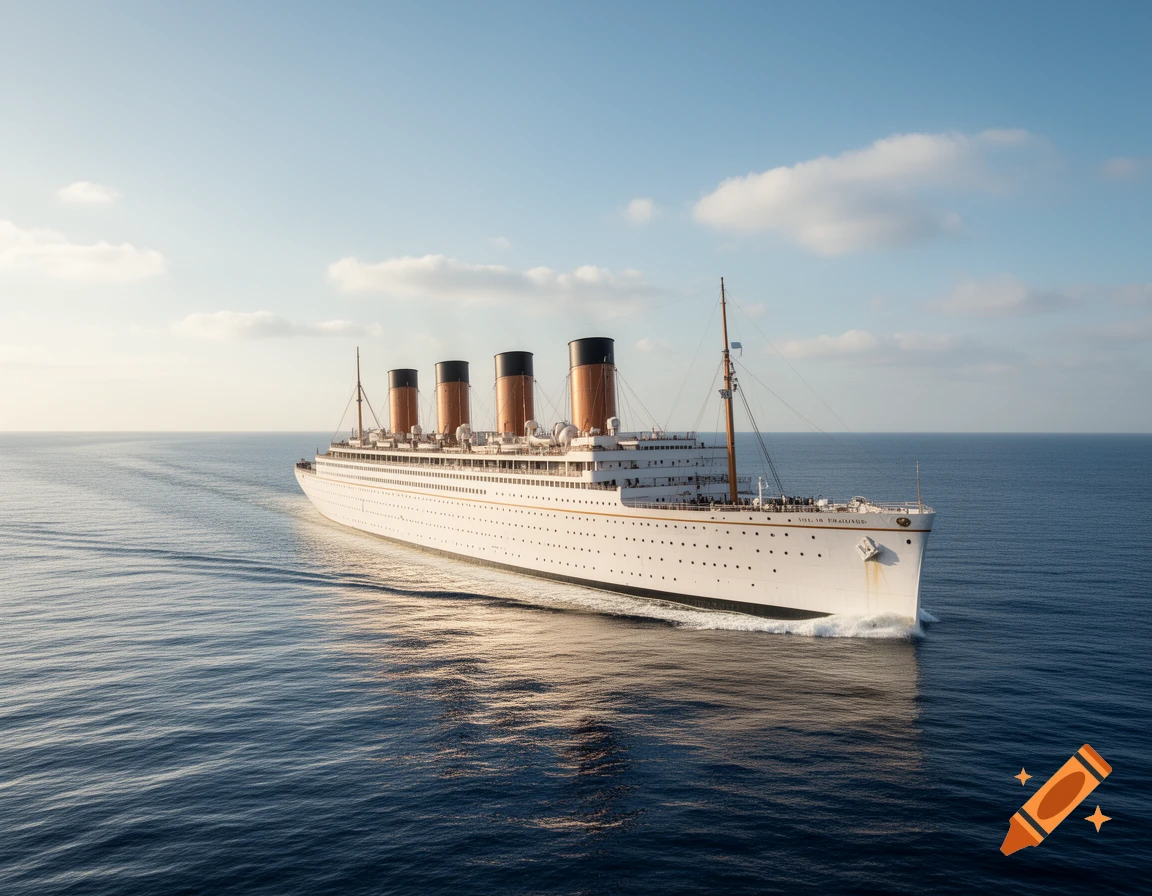 A large, elegant white ocean liner with four smokestacks sails across calm blue waters under a clear sky.