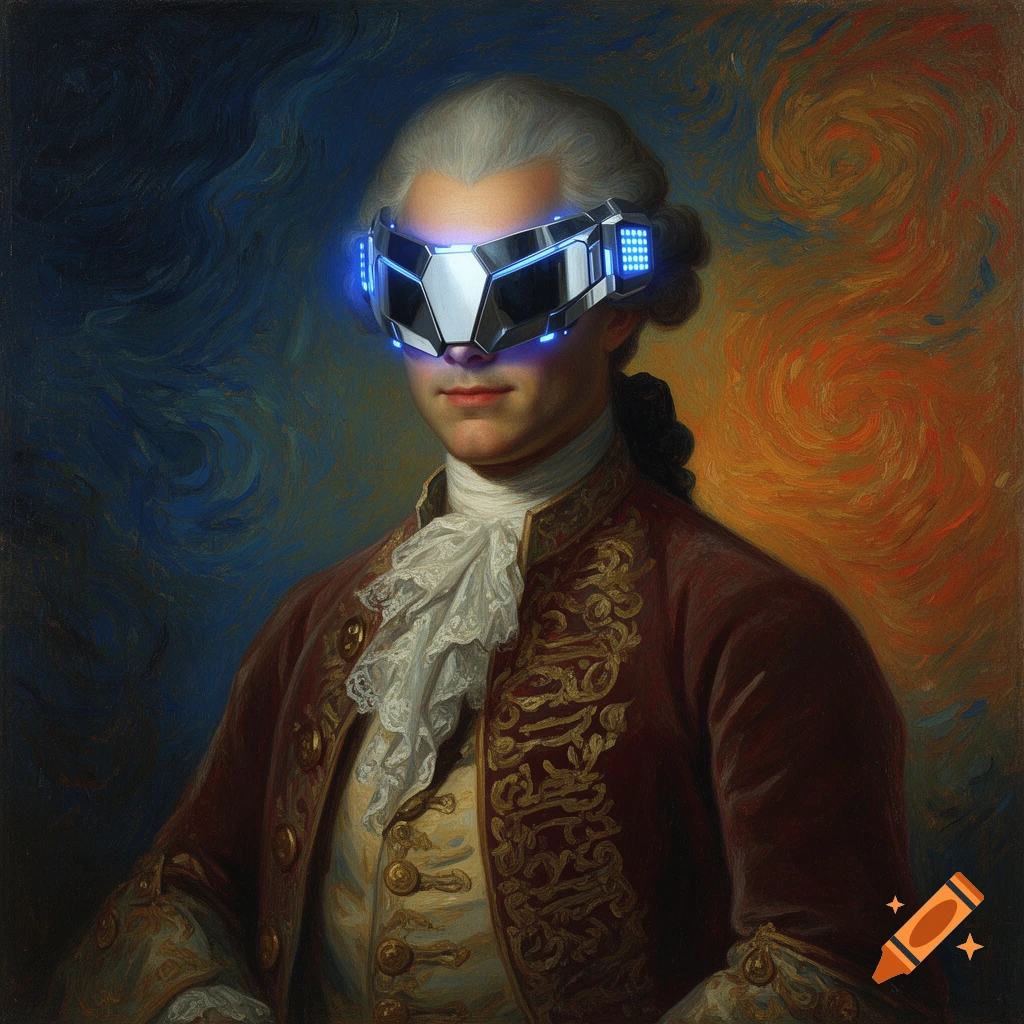 Painting of an 18th-century man with a powdered wig, wearing a futuristic cyberpunk mask with blue lights, against an expressionist background.