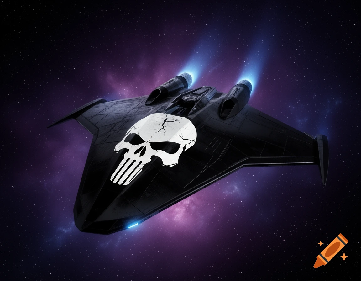 A black star fighter with a white skull insignia flies through space, leaving blue engine trails against a purple nebula.